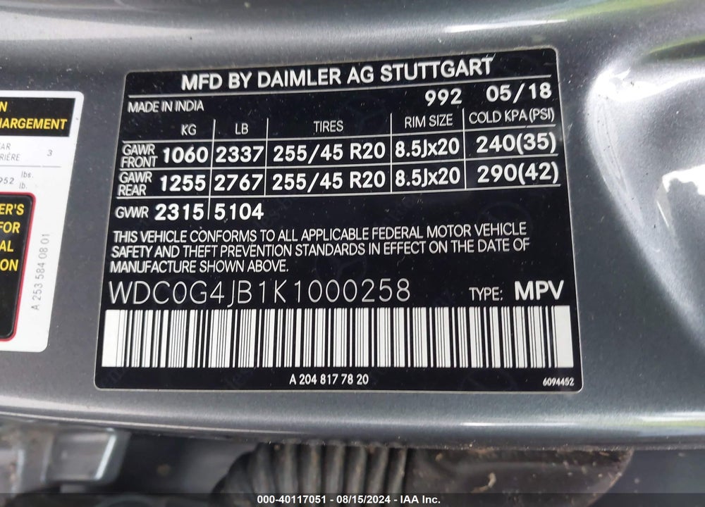 2019 MERCEDES-BENZ GLC 300 VIN: WDC0G4JB1K1000258