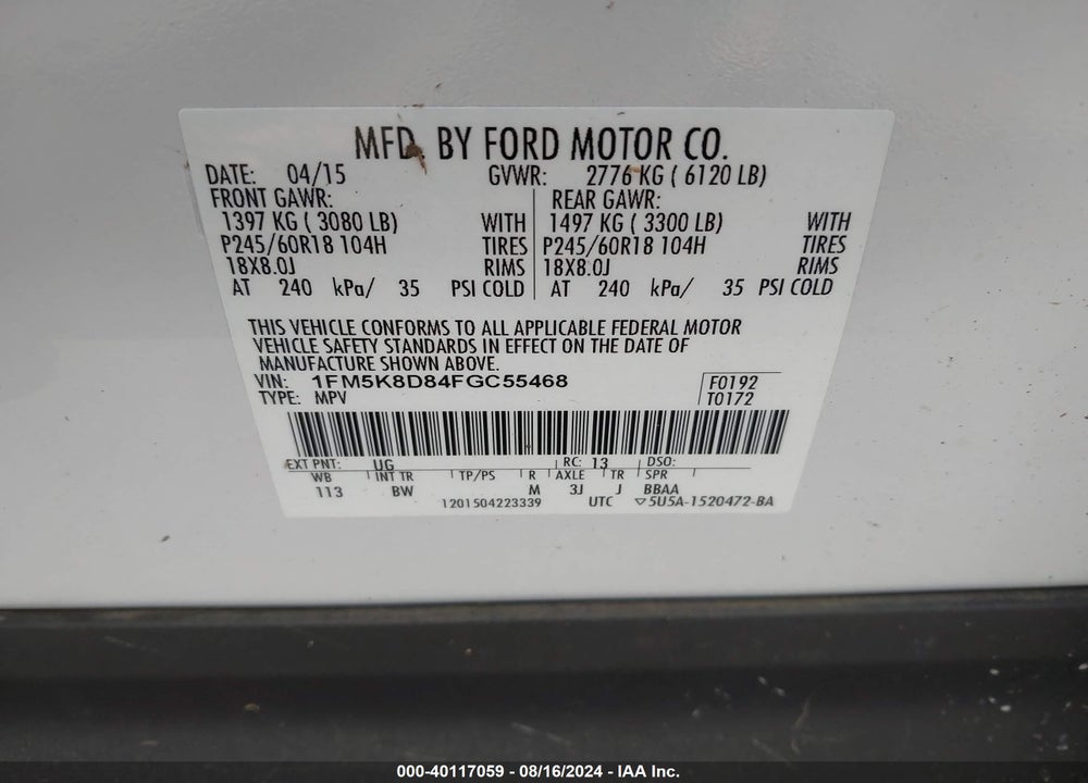2015 FORD EXPLORER XLT VIN: 1FM5K8D84FGC55468