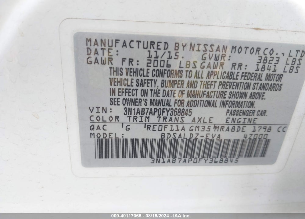 2015 NISSAN SENTRA SV VIN: 3N1AB7AP0FY368845