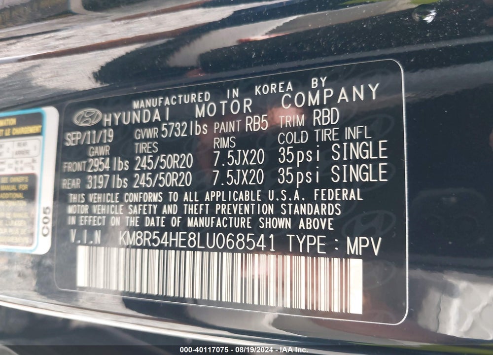 2020 HYUNDAI PALISADE LIMITED VIN: KM8R54HE8LU068541