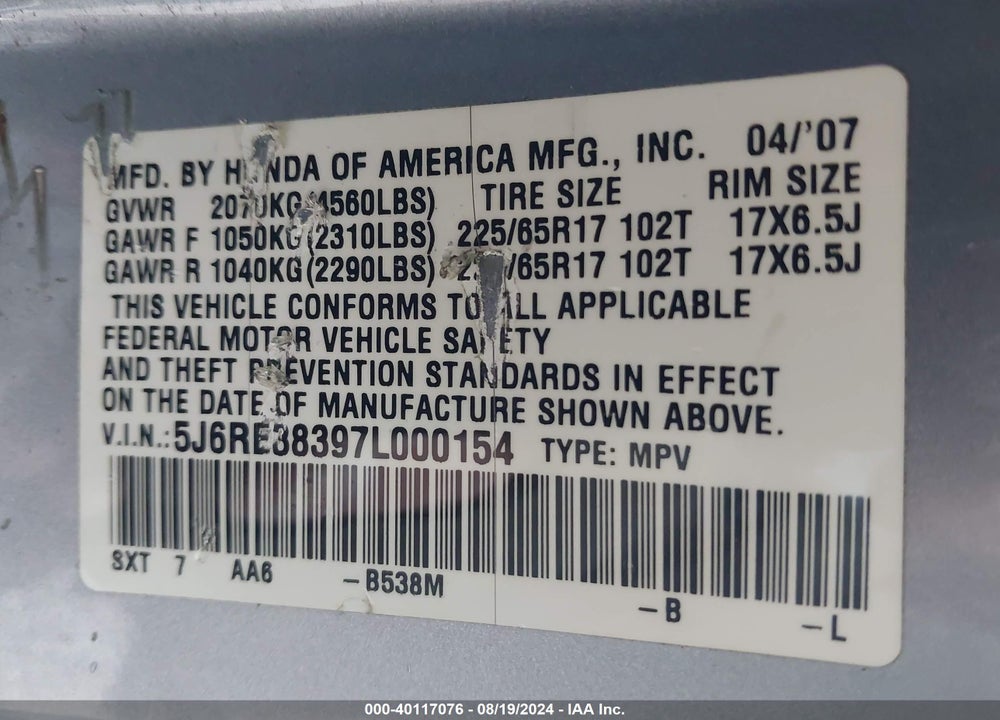 2007 HONDA CR-V LX VIN: 5J6RE38397L000154