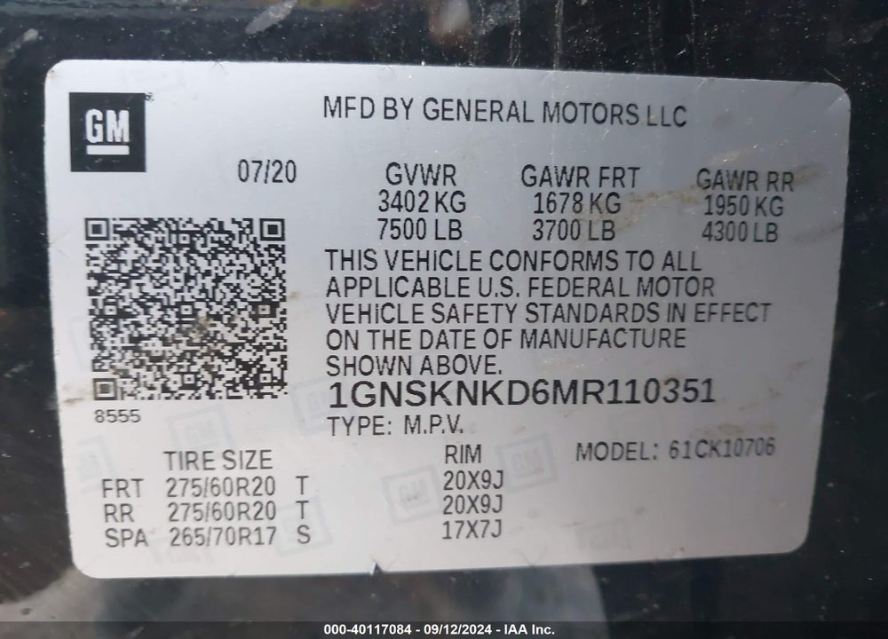 2021 CHEVROLET TAHOE 4WD LT VIN: 1GNSKNKD6MR110351