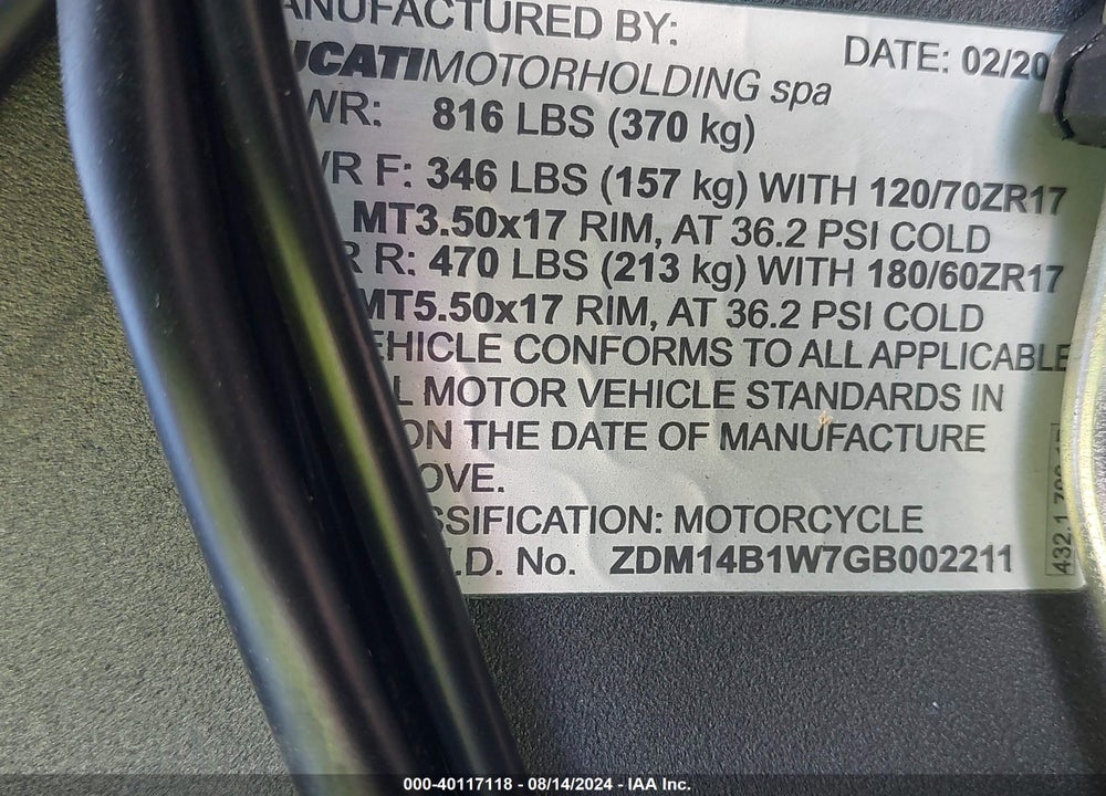 2016 DUCATI SUPERBIKE 959 PANIGALE VIN: ZDM14B1W7GB002211