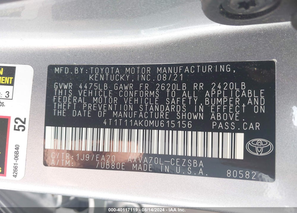 2021 TOYOTA CAMRY SE VIN: 4T1T11AK0MU615156