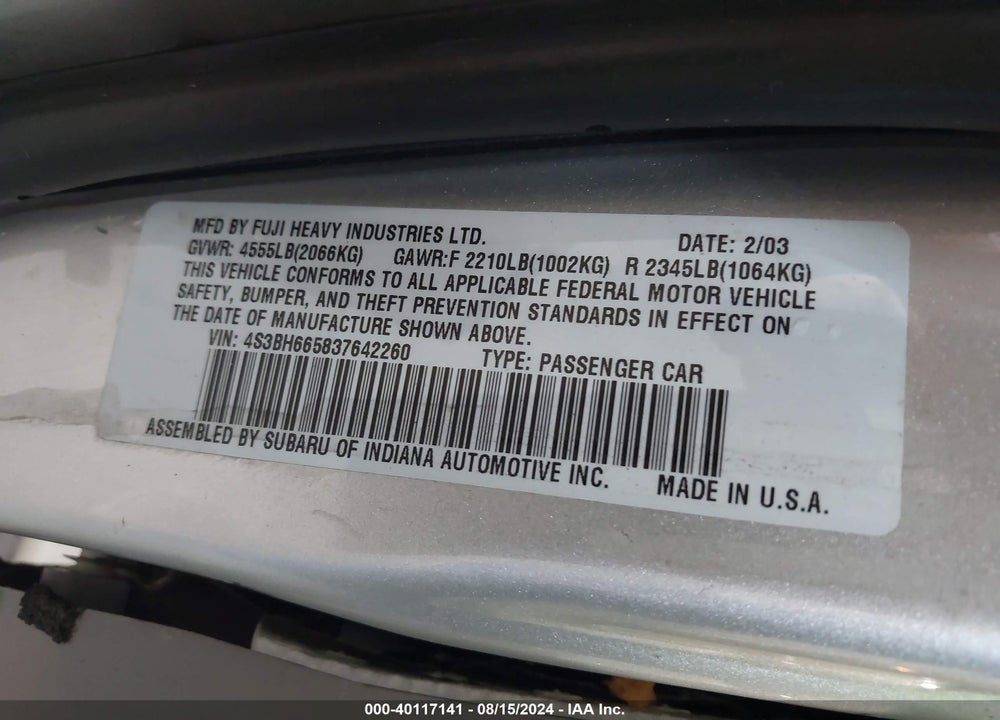 2003 SUBARU OUTBACK VIN: 4S3BH665837642260