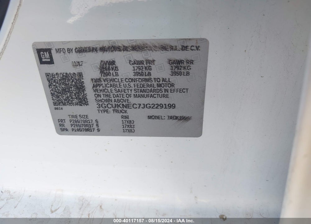 2018 CHEVROLET SILVERADO 1500 WT VIN: 3GCUKNEC7JG229199
