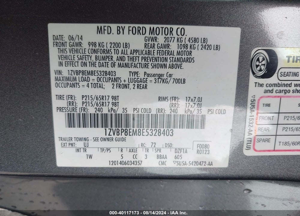 2014 FORD MUSTANG V6 VIN: 1ZVBP8EM8E5328403
