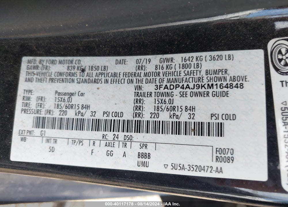 2019 FORD FIESTA S VIN: 3FADP4AJ9KM164848