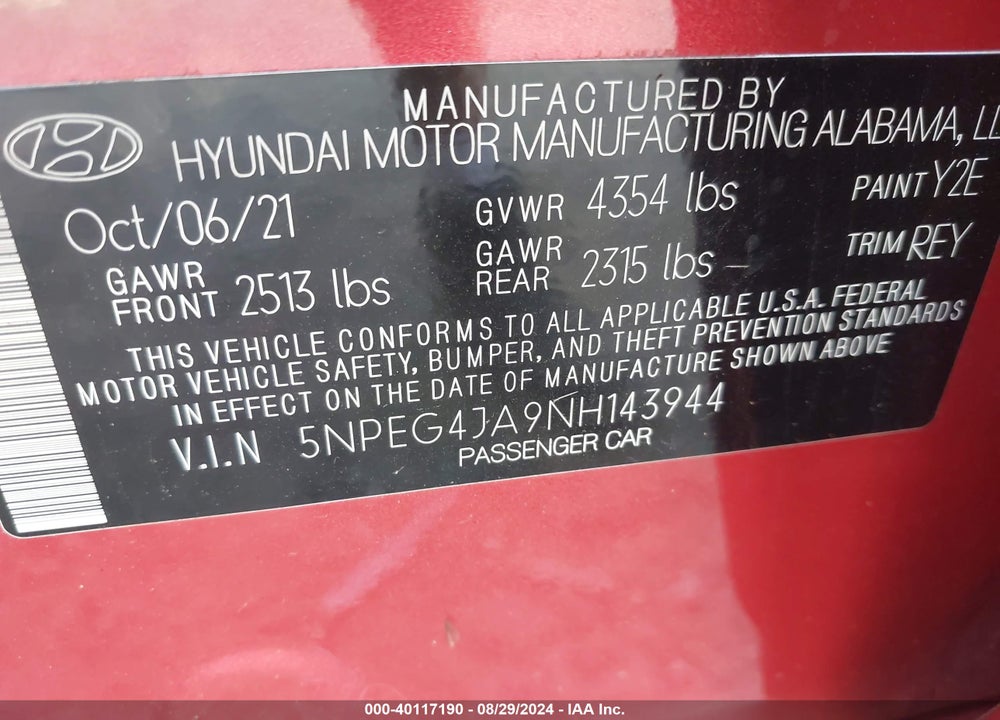 2022 HYUNDAI SONATA SE VIN: 5NPEG4JA9NH143944