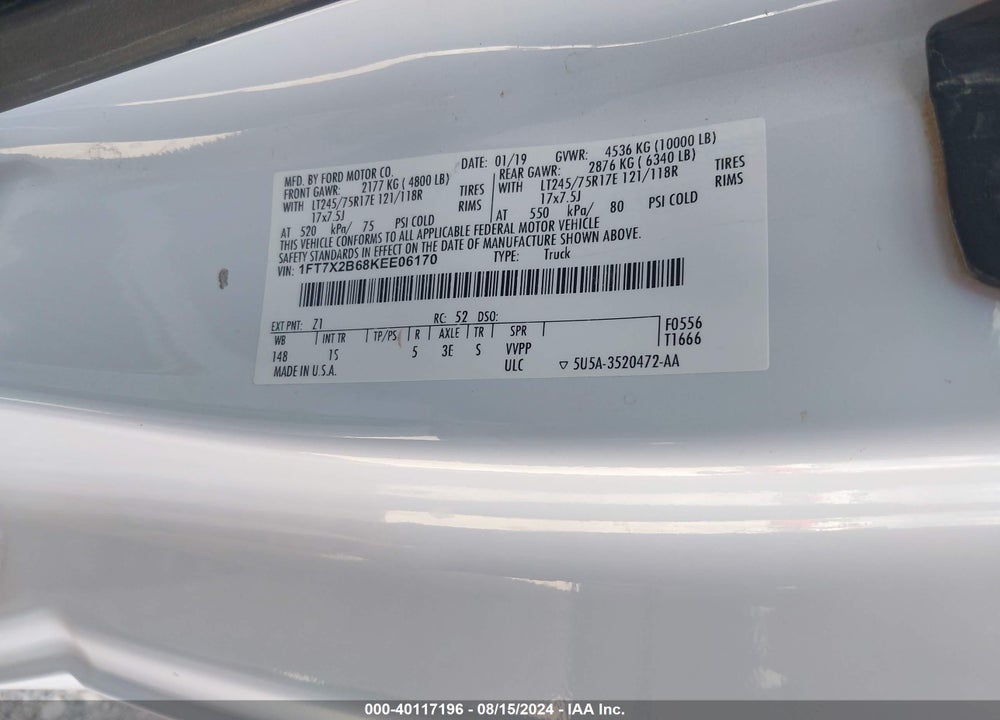 2019 FORD F-250 XL VIN: 1FT7X2B68KEE06170