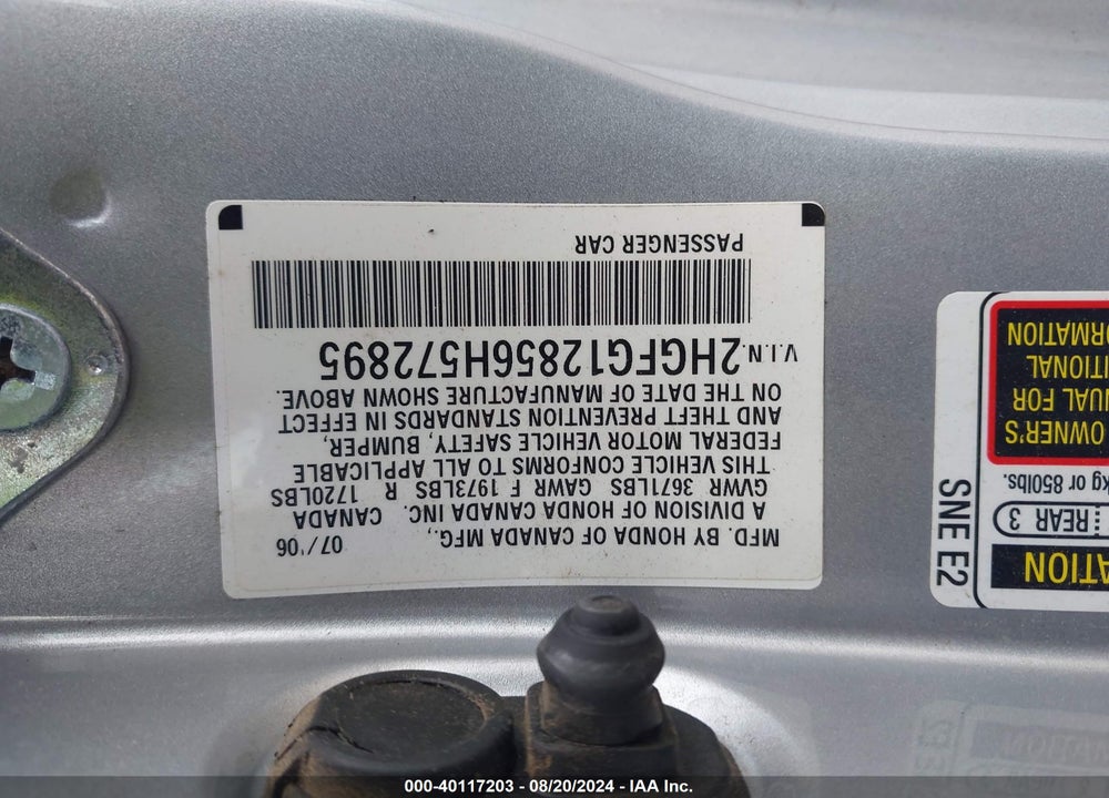 2006 HONDA CIVIC EX VIN: 2HGFG12856H572895