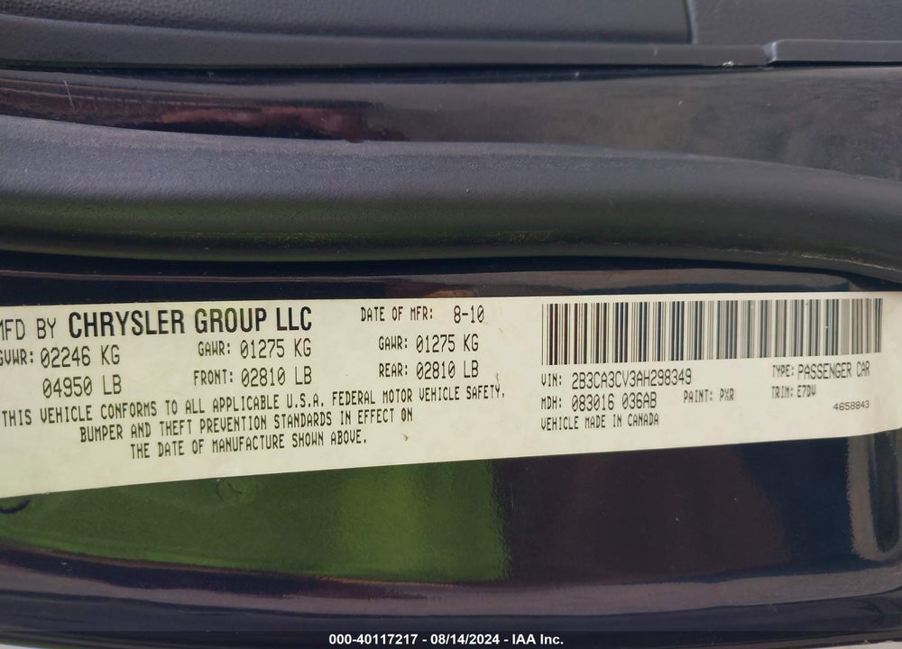 2010 DODGE CHARGER SXT VIN: 2B3CA3CV3AH298349