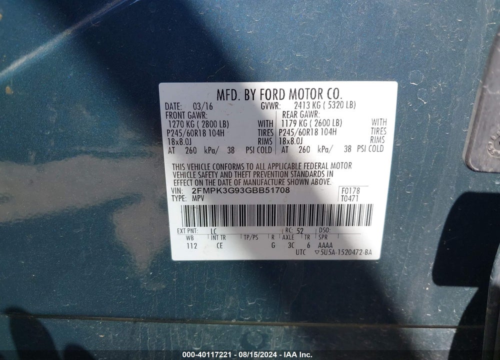 2016 FORD EDGE SE VIN: 2FMPK3G93GBB51708