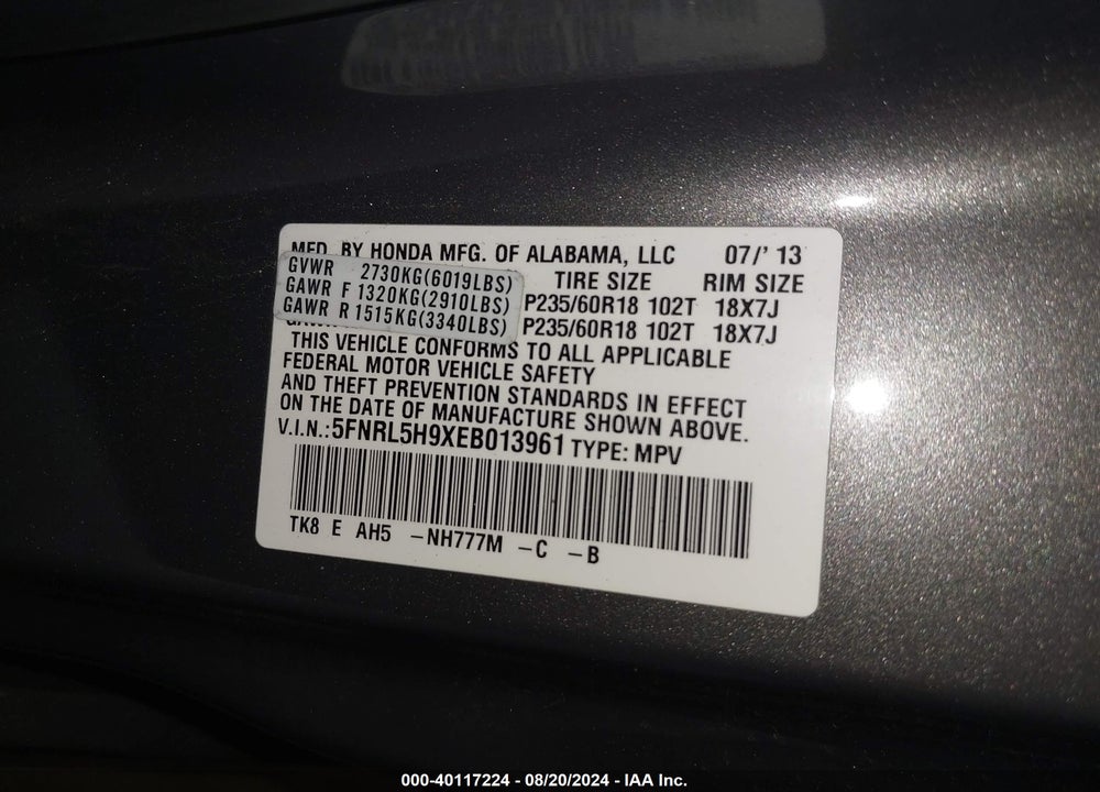 2014 HONDA ODYSSEY TOURING/TOURING ELITE VIN: 5FNRL5H9XEB013961