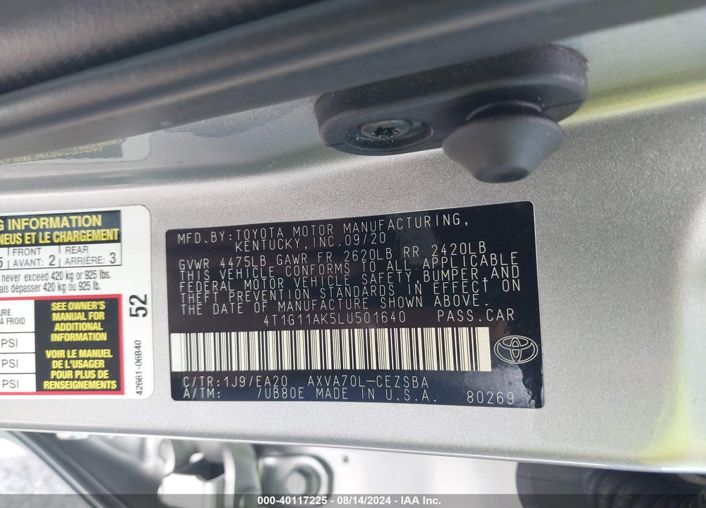 2020 TOYOTA CAMRY SE VIN: 4T1G11AK5LU501640