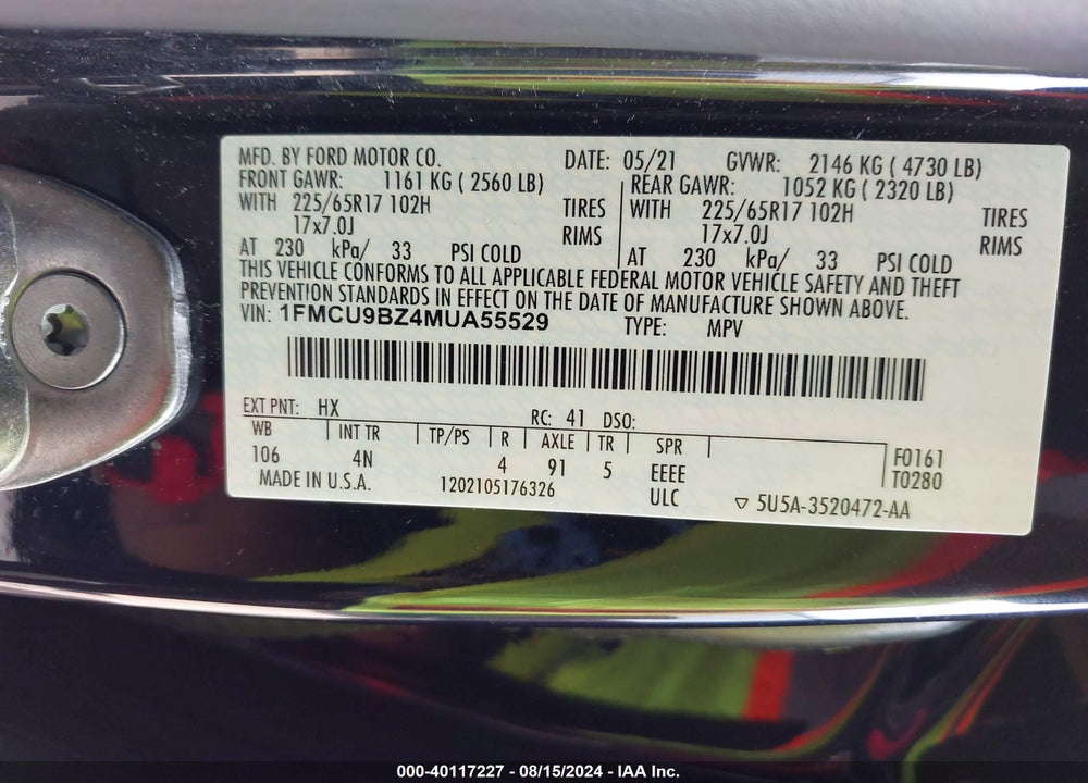 2021 FORD ESCAPE SE HYBRID VIN: 1FMCU9BZ4MUA55529