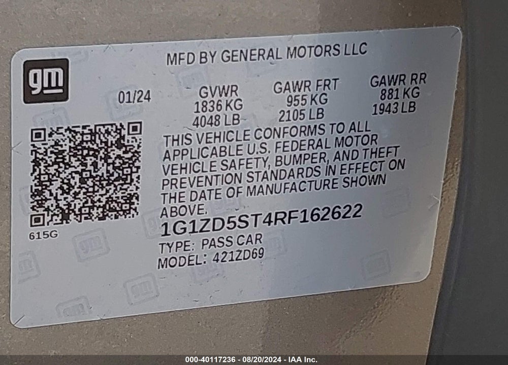 2024 CHEVROLET MALIBU FWD 1LT VIN: 1G1ZD5ST4RF162622
