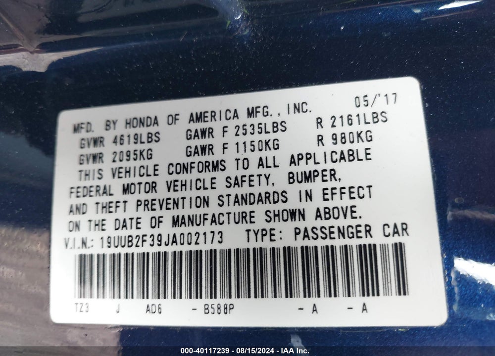 2018 ACURA TLX VIN: 19UUB2F39JA002173