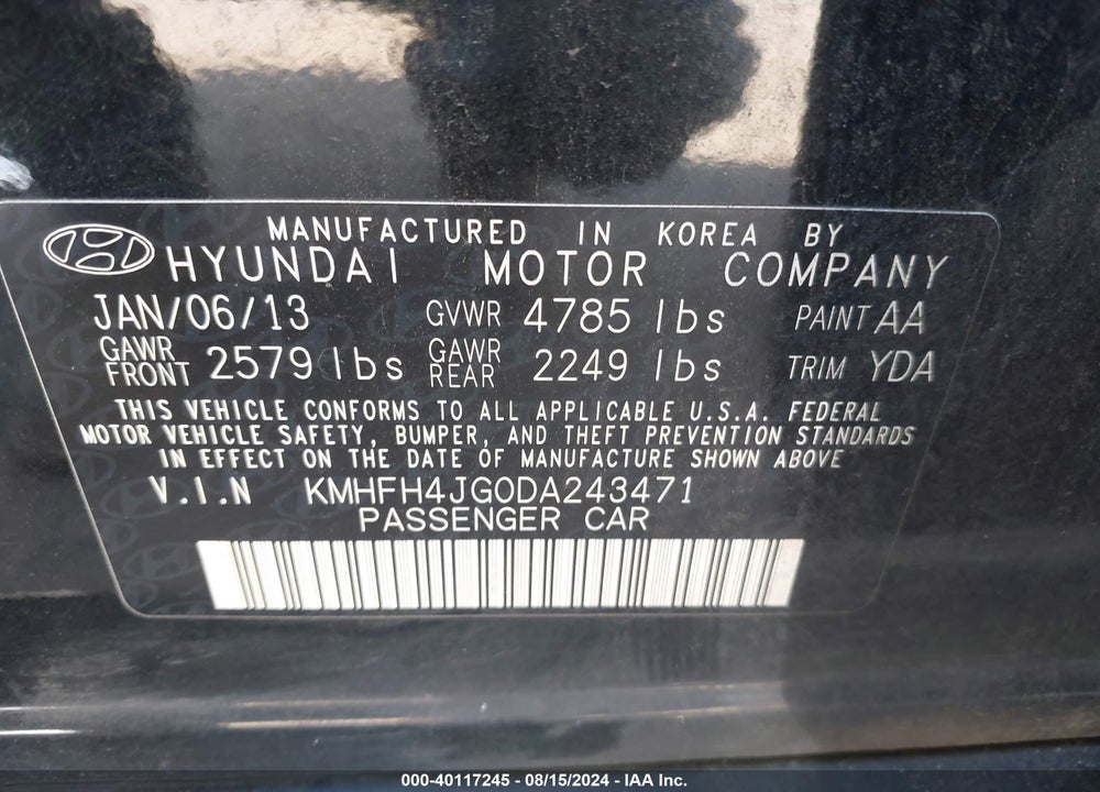 2013 HYUNDAI AZERA VIN: KMHFH4JG0DA243471