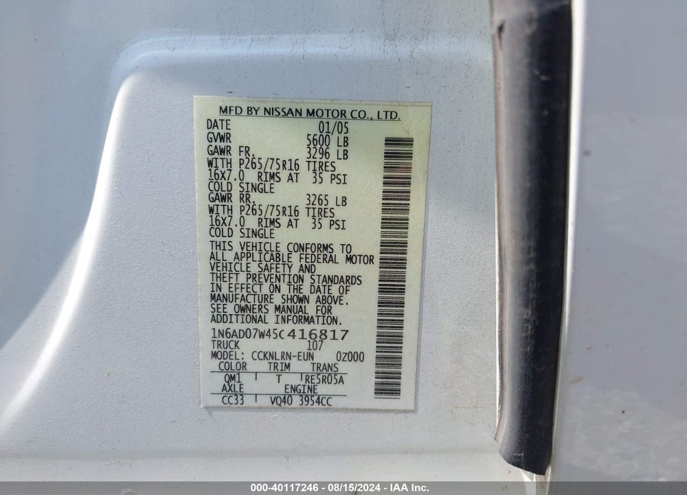 2005 NISSAN FRONTIER VIN: 1N6AD07W45C416817