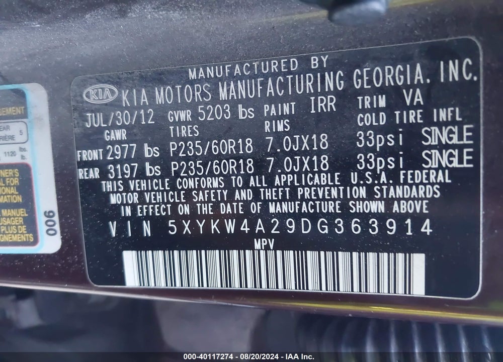 2013 KIA SORENTO SX VIN: 5XYKW4A29DG363914