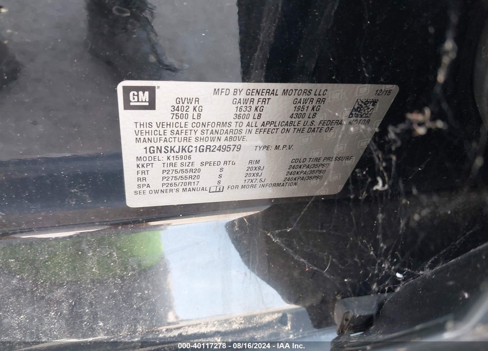 2016 CHEVROLET SUBURBAN LTZ VIN: 1GNSKJKC1GR249579