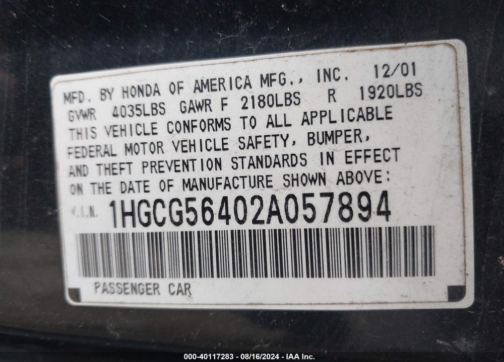 2002 HONDA ACCORD 2.3 LX VIN: 1HGCG56402A057894