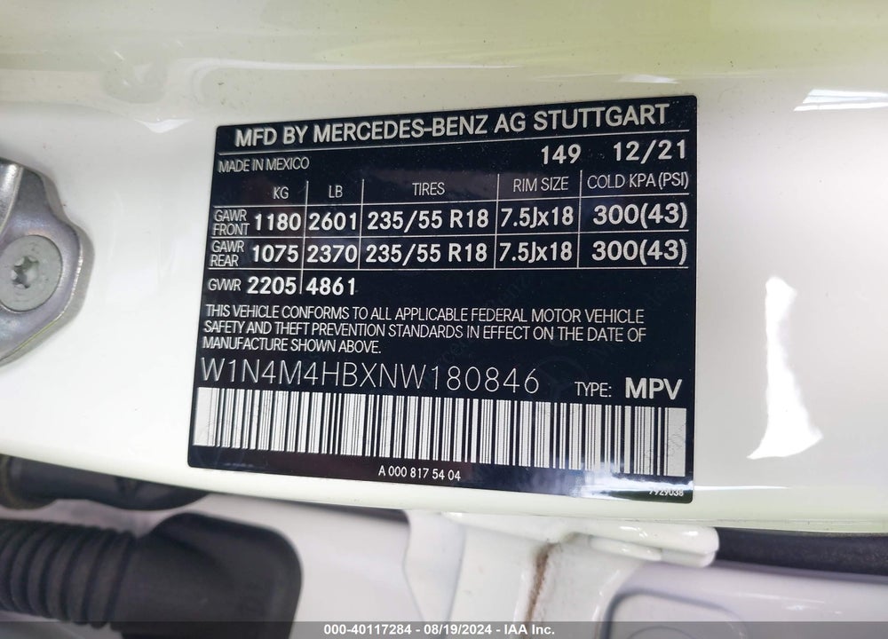 2022 MERCEDES-BENZ GLB 250 4MATIC VIN: W1N4M4HBXNW180846