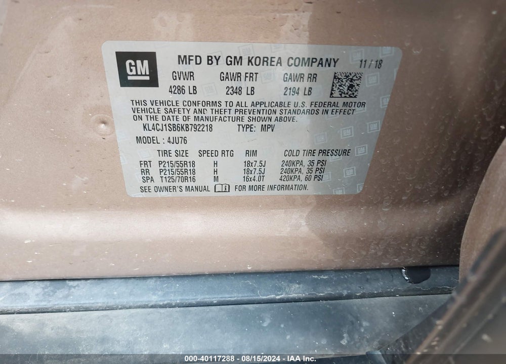 2019 BUICK ENCORE FWD SPORT TOURING VIN: KL4CJ1SB6KB792218