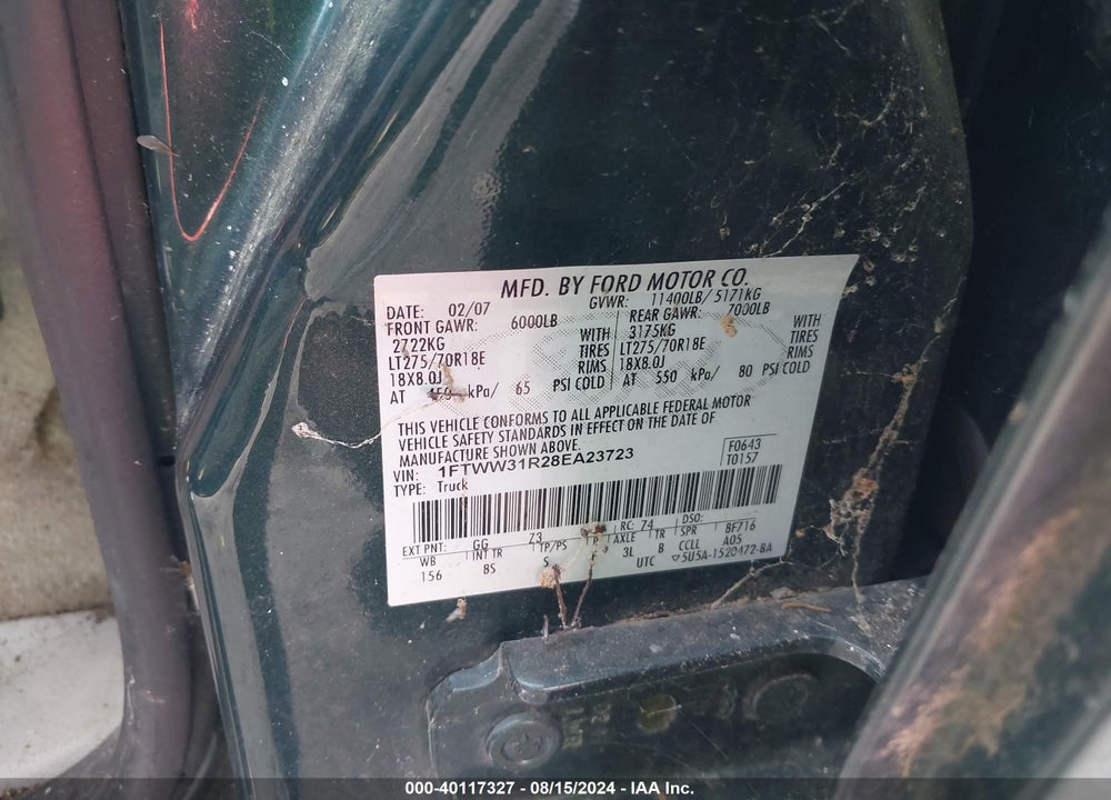 2008 FORD F-350 LARIAT VIN: 1FTWW31R28EA23723