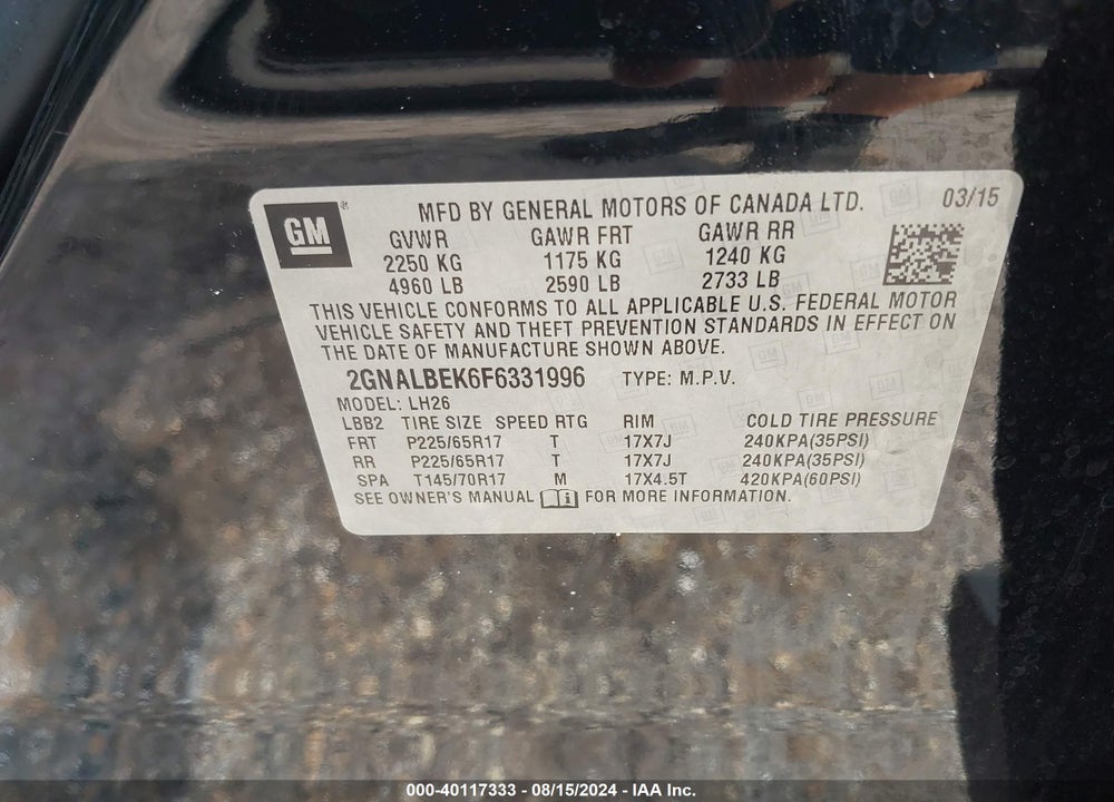 2015 CHEVROLET EQUINOX 1LT VIN: 2GNALBEK6F6331996
