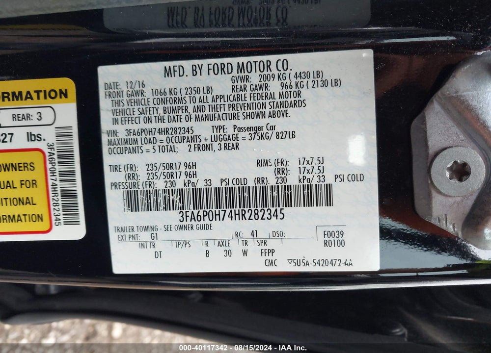 2017 FORD FUSION SE VIN: 3FA6P0H74HR282345