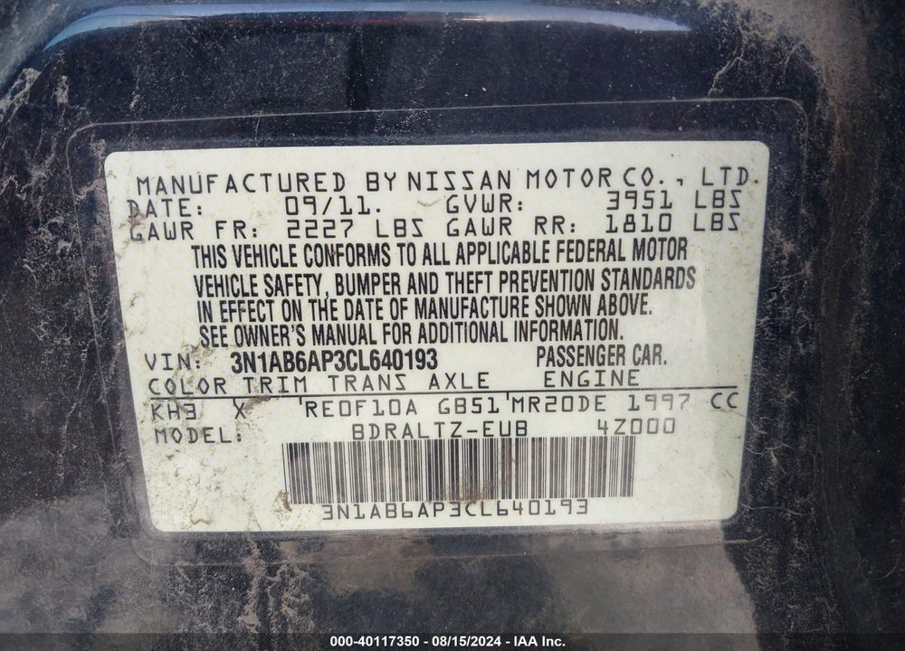 2012 NISSAN SENTRA 2.0 SR VIN: 3N1AB6AP3CL640193