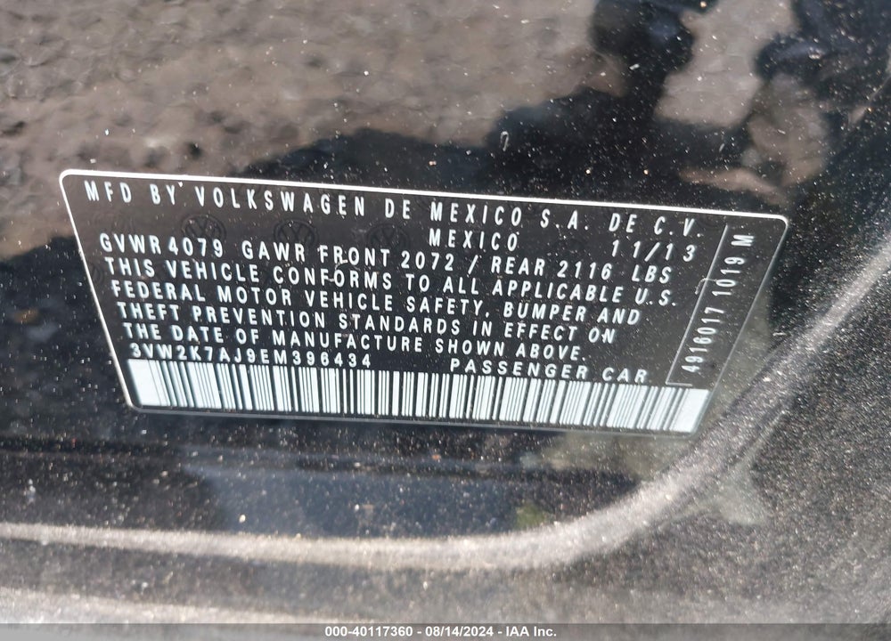2014 VOLKSWAGEN JETTA VIN: 3VW2K7AJ9EM396434