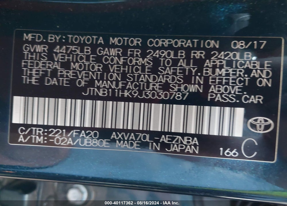 2018 TOYOTA CAMRY LE VIN: JTNB11HK9J3030787