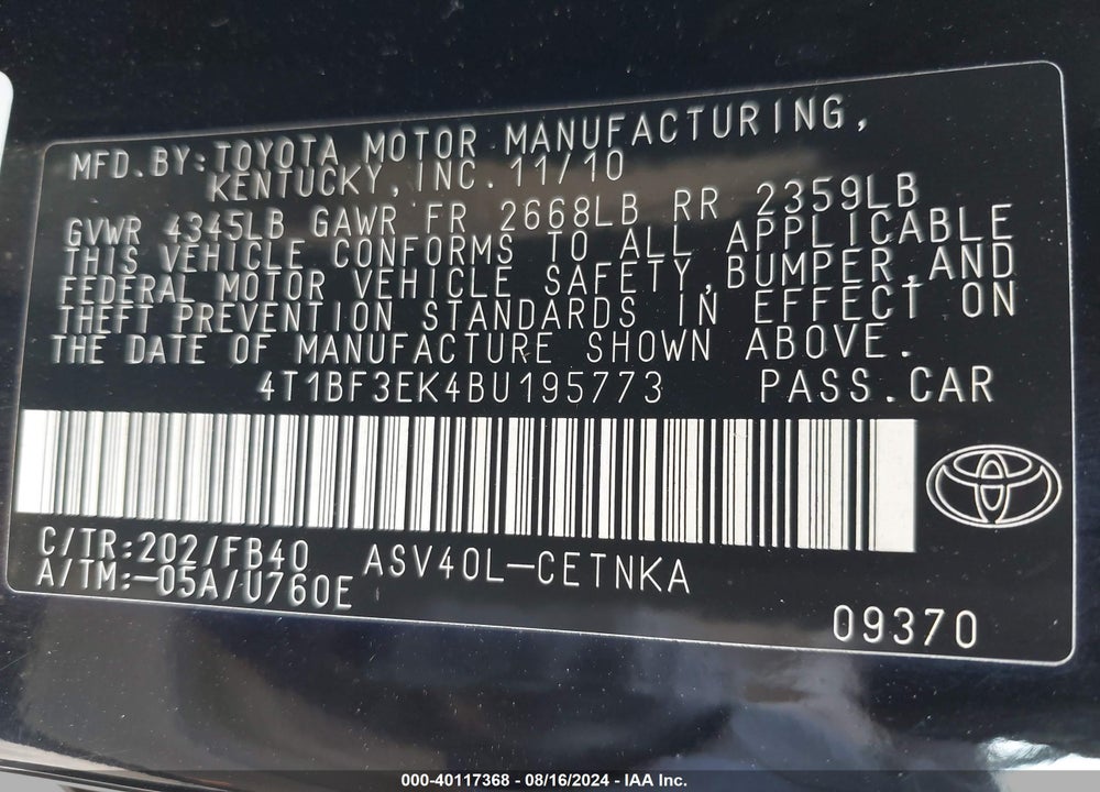 2011 TOYOTA CAMRY LE VIN: 4T1BF3EK4BU195773