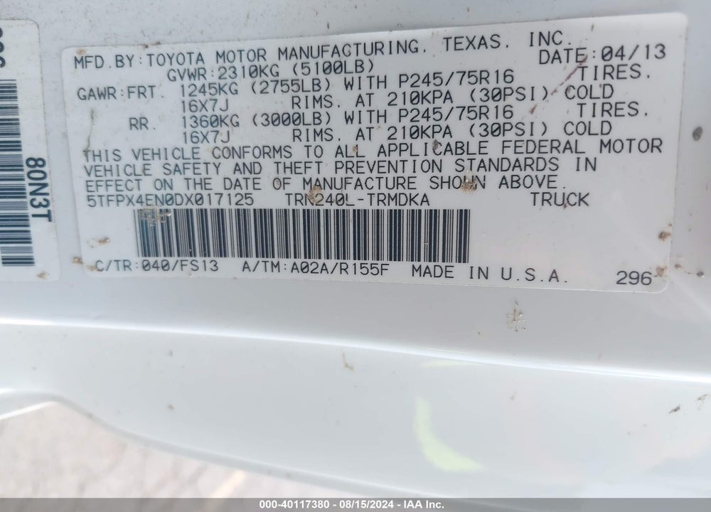2013 TOYOTA TACOMA VIN: 5TFPX4EN0DX017125