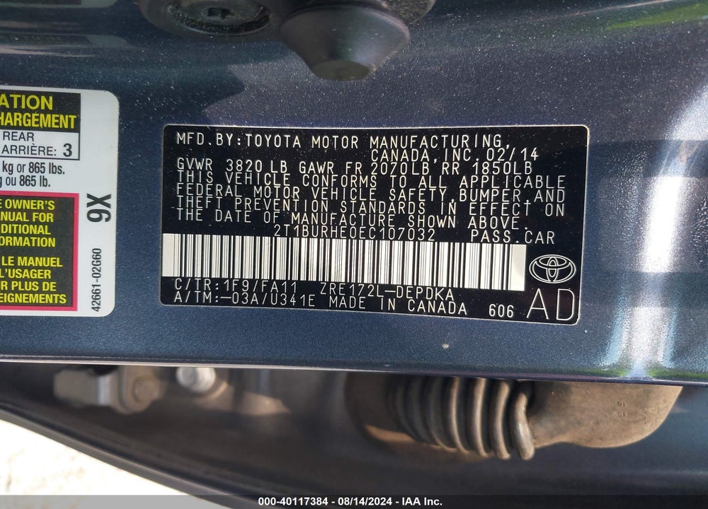 2014 TOYOTA COROLLA L VIN: 2T1BURHE0EC107032