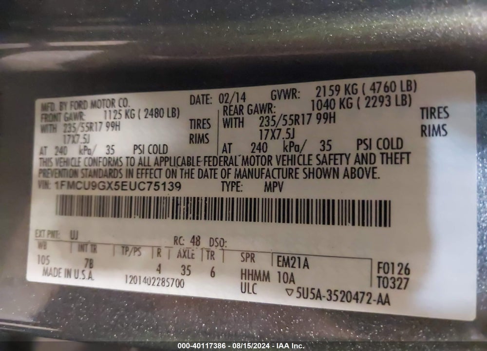 2014 FORD ESCAPE SE VIN: 1FMCU9GX5EUC75139