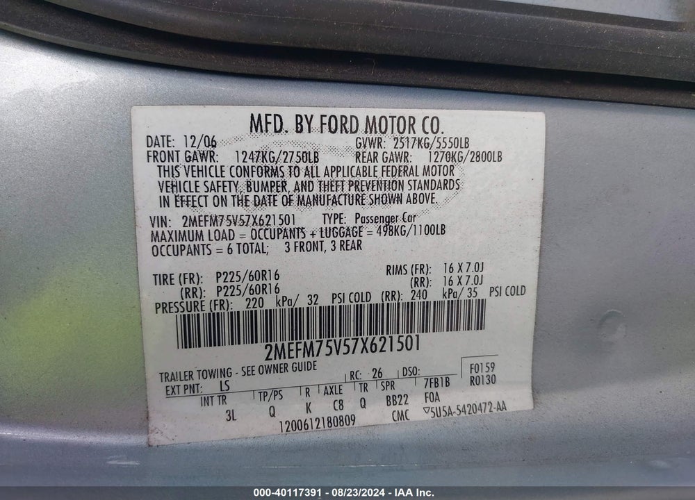 2007 MERCURY GRAND MARQUIS LS VIN: 2MEFM75V57X621501
