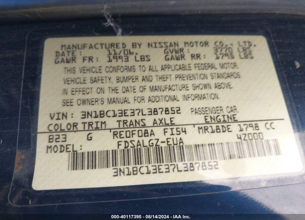 2007 NISSAN VERSA 1.8SL VIN: 3N1BC13E37L387852
