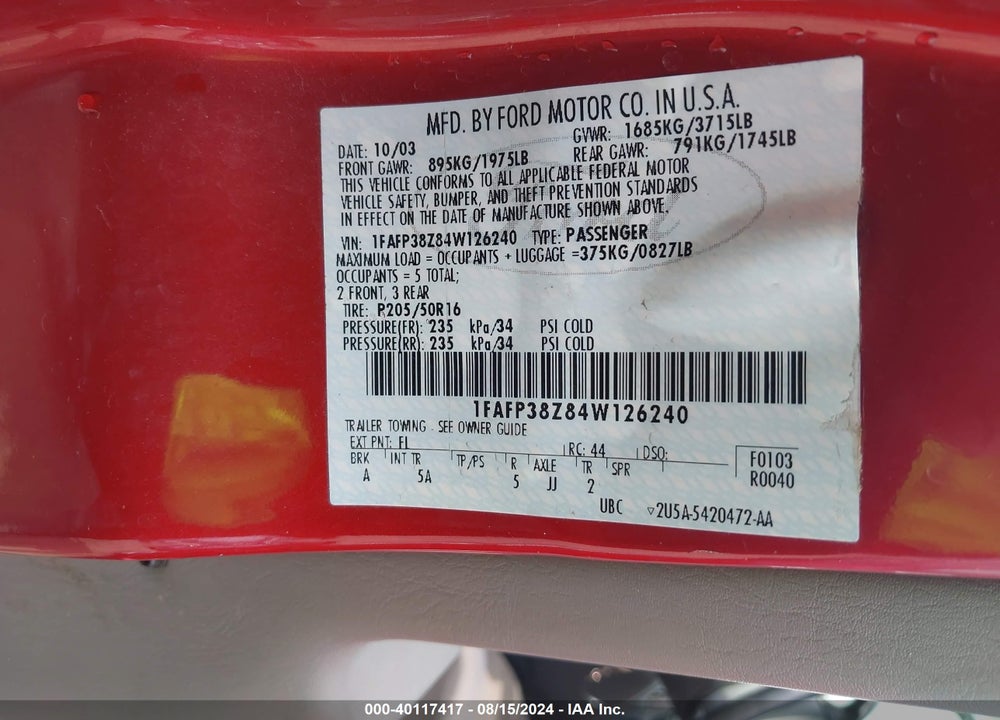 2004 FORD FOCUS ZTS VIN: 1FAFP38Z84W126240