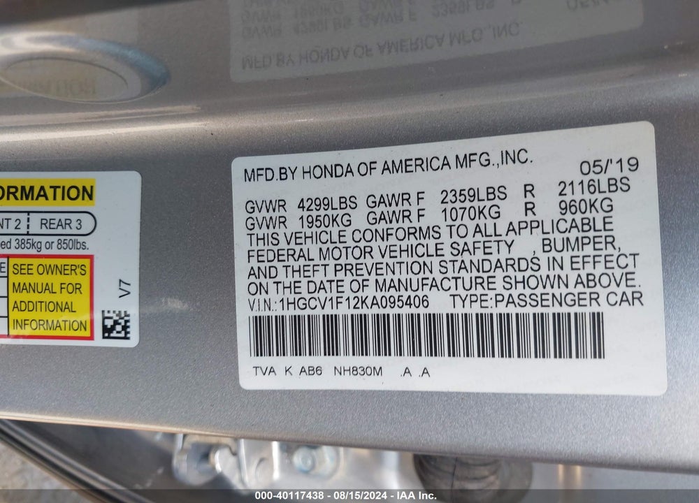 2019 HONDA ACCORD LX VIN: 1HGCV1F12KA095406