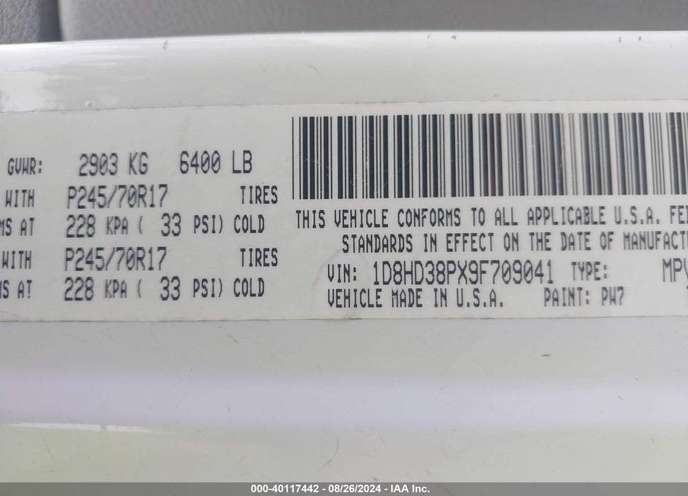 2009 DODGE DURANGO SE VIN: 1D8HD38PX9F709041