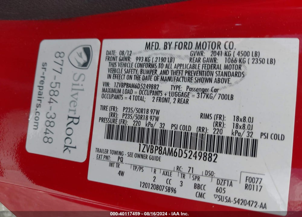 2013 FORD MUSTANG VIN: 1ZVBP8AM6D5249882