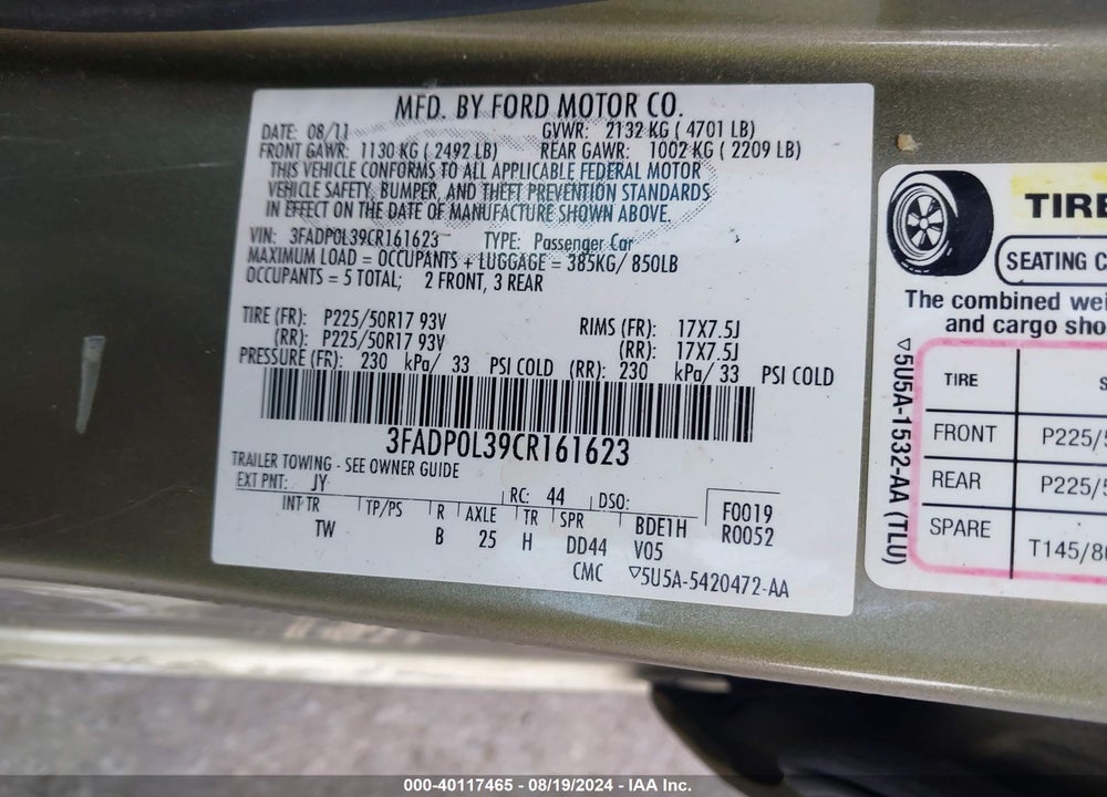 2012 FORD FUSION HYBRID VIN: 3FADP0L39CR161623