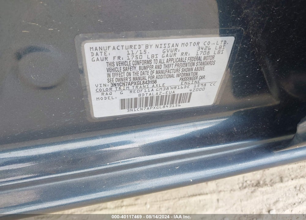 2016 NISSAN VERSA 1.6 S+ VIN: 3N1CN7APXGL843156