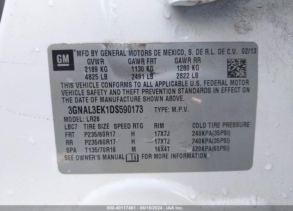 2013 CHEVROLET CAPTIVA SPORT LT VIN: 3GNAL3EK1DS590173