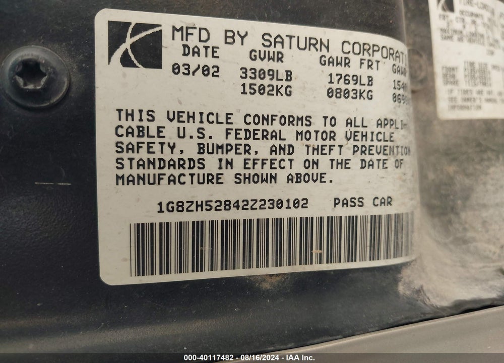 2002 SATURN S-SERIES SL1 VIN: 1G8ZH52842Z230102