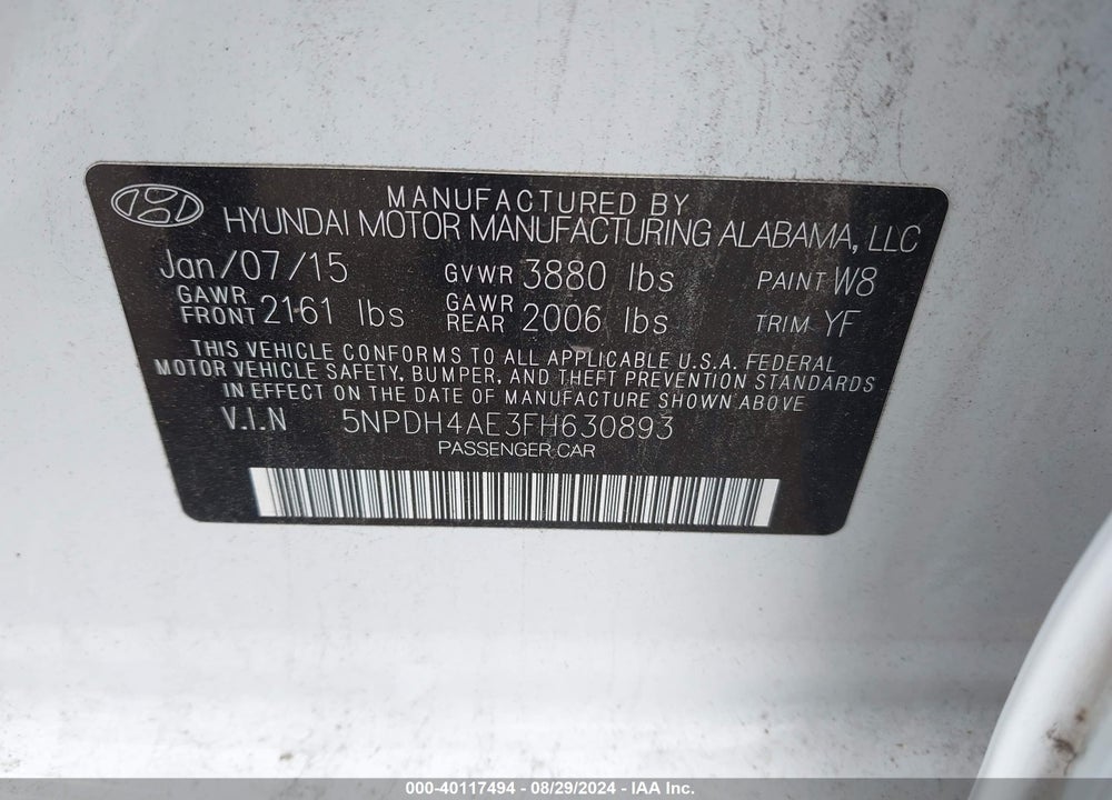 2015 HYUNDAI ELANTRA SE VIN: 5NPDH4AE3FH630893